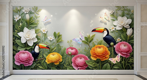 Toucans on floral wall mural with colorful flowers