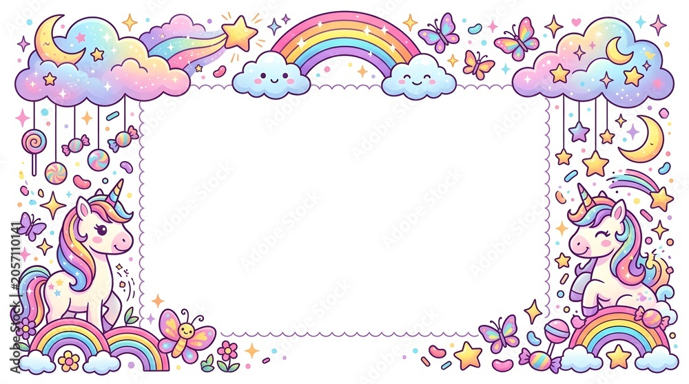 Naklejka premium Magical rainbow border frame with cute cartoon unicorns, happy clouds, crescent moon, butterflies, and candies for kids birthday party design.