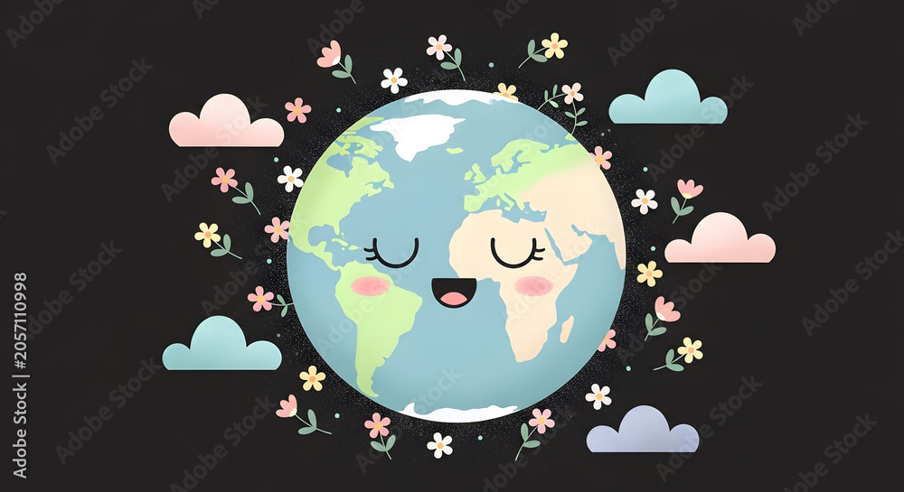Naklejka premium Cartoon earth globe with a happy expression. Environmental awareness and global care. A smiling earth illustration surrounded by floating flowers and clouds