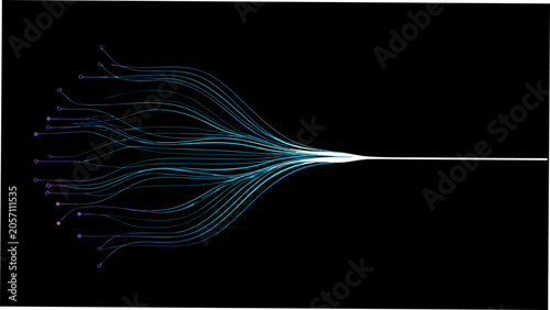Vászonkép Abstract line arrangement with branching strokes and circular nodes on black bac