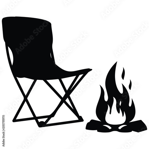 Camping chair and bonfire silhouette, outdoor recreation and relaxation vector illustration.