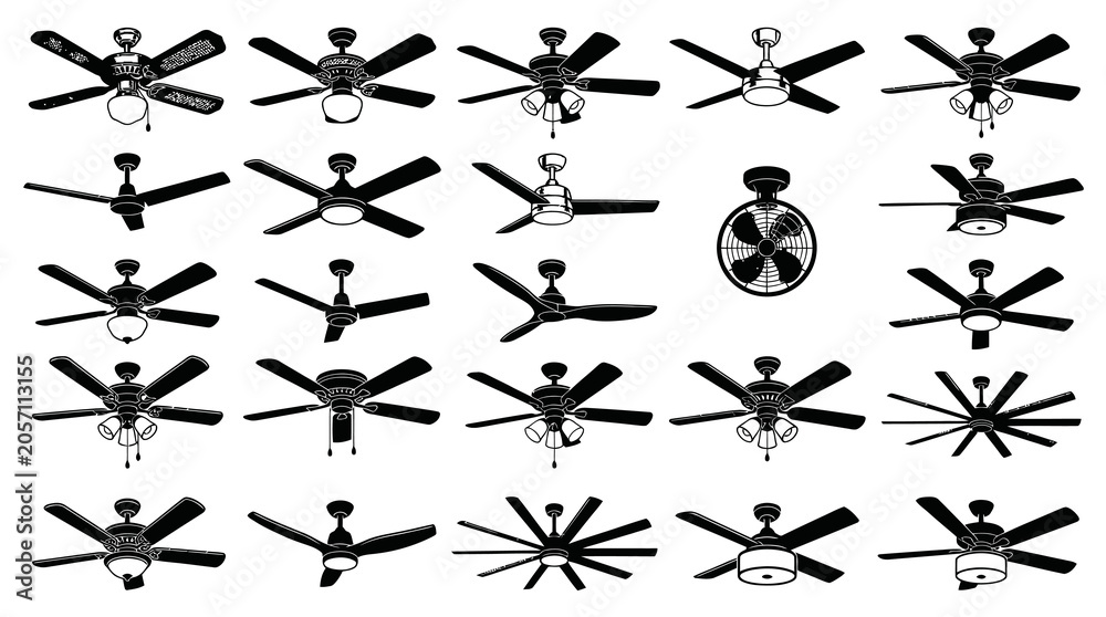 Fototapeta premium Ceiling Fans Vector Silhouette Icons Collection. Home Appliance, Interior Design, and Climate Control Black White Line Art.