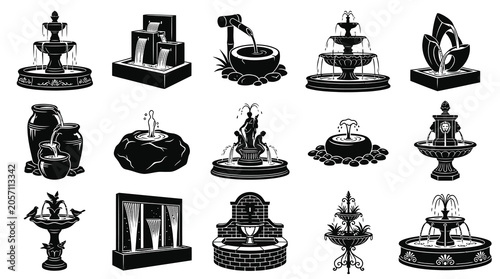 Landscaping and Garden Fountains Black  White Glyph Icons Set. Outdoor Water Features Collection.