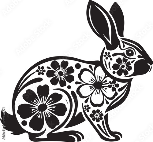 Black rabbit, floral pattern, vector icon, decorative animal