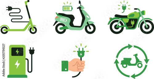 Green Electric Vehicle Icon Set with E-Scooter, Electric Moped, Motorcycle, Charging Station, and Recycling Symbol for Eco Transport and Mobility Designs