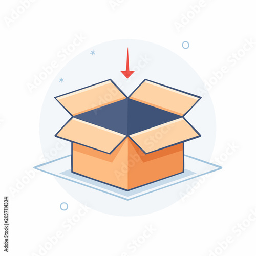 Open Cardboard Box with Red Arrow Indicating Downward Motion