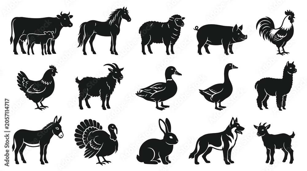 Fototapeta premium Black and White Farm Animals Silhouettes Icon Set