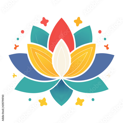 Colorful flat design lotus flower illustration with sparkles