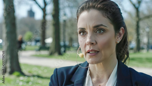Female speaker with dark hair wearing a navy blazer and microphone engages in conversation outdoors in a park setting with trees and blurred background activity