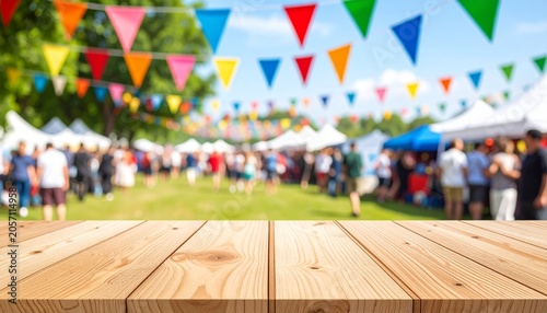 Wooden tabletop with blurred outdoor festival scene background