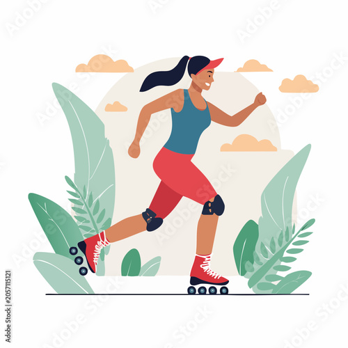 Woman Rollerblading Outdoors with Plants and Clouds