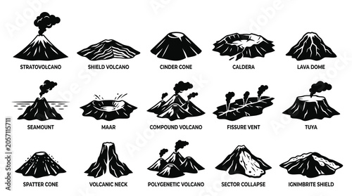 Geology Volcano Types Black and White Glyph Vector Icon Set - Earth Science Volcanic Formations Collection