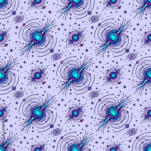 A seamless pattern featuring glowing cosmic spheres and orbital rings