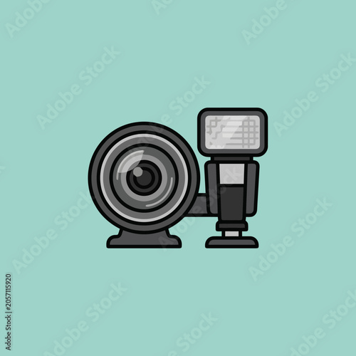 Flat design icon of a digital camera lens with external