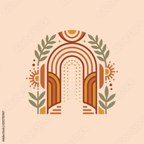 A decorative archway illustration with botanical and sun elements
