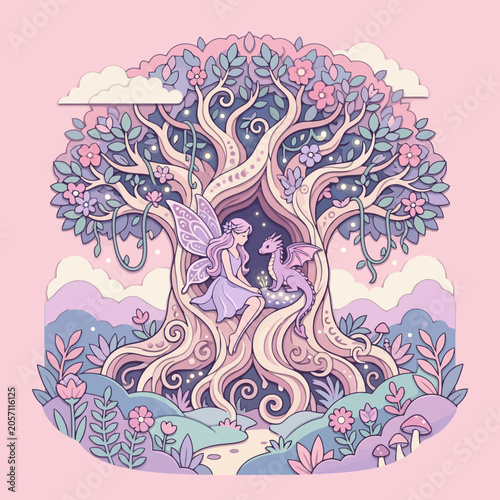 A fairy sits with a small dragon inside a magical tree forest