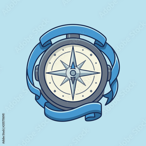 A vintage navigation compass wrapped in a decorative blue ribbon