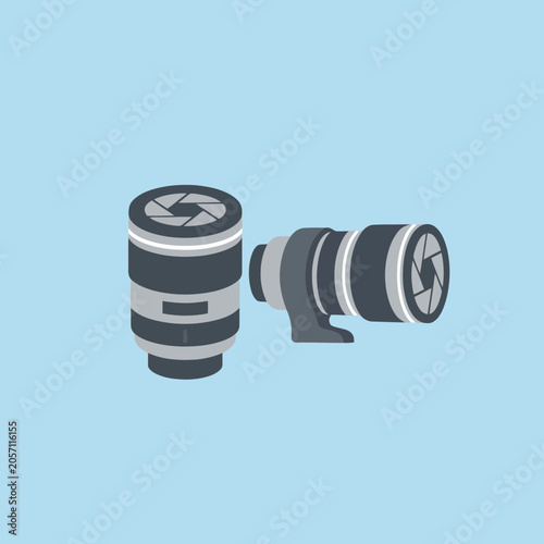 Two professional camera lenses isolated on a light blue background