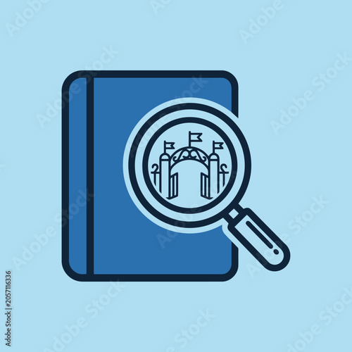 A blue book icon with a magnifying glass searching for information