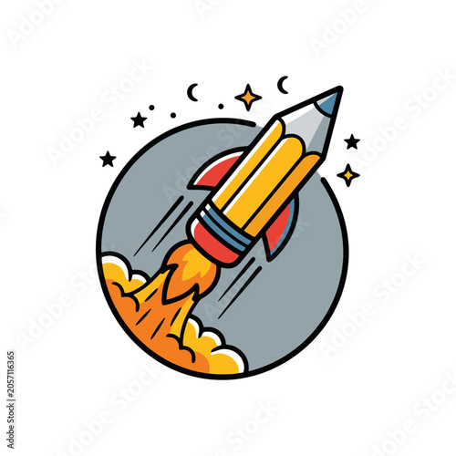A yellow pencil rocket launching into the dark night sky