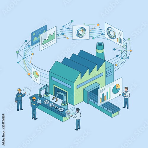 Isometric illustration of a smart factory with data charts
