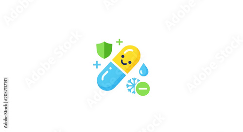 Happy Pill Icon with Shield, Snowflake and Plus Signs - Health and Wellness Concept