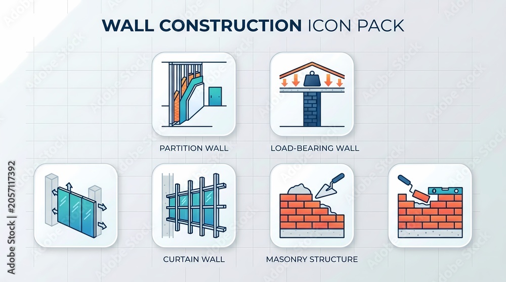 Obraz premium Wall Construction Icon Pack with Partition Walls Load Bearing Walls Curtain Walls and Masonry Structure Icons