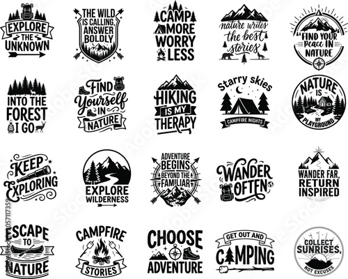 Outdoor Adventure Quotes and Camping Typography Badge Icons Collection