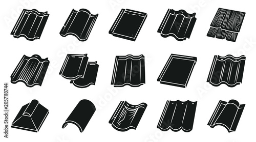 Construction and Architecture Roof Tiles Glyph Icons Set - Black and White Roofing Material Collection