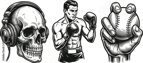 Foto Vintage Engraving Style Skull with Headphones Boxer Athlete and Baseball Hand Il