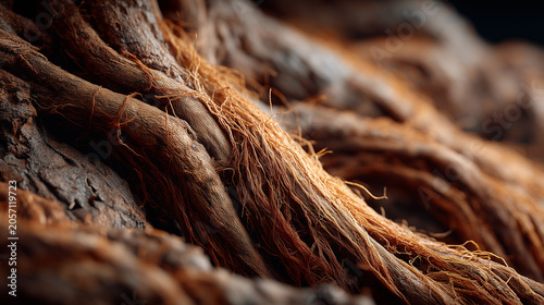 Close-up of textured tree bark and roots in warm natural tones