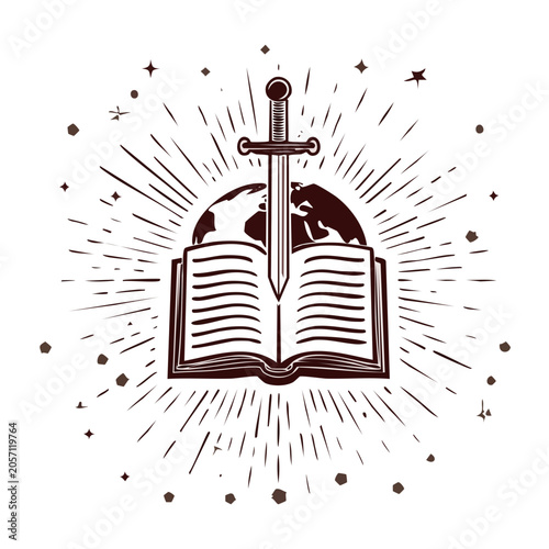 Sword piercing open book with globe and sunburst