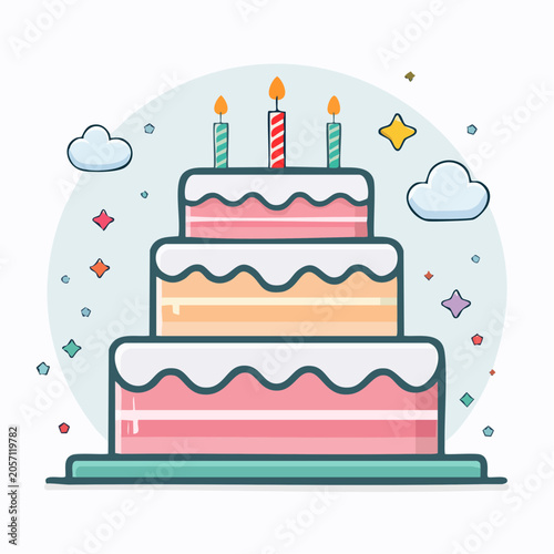 Three Tier Birthday Cake with Candles and Clouds