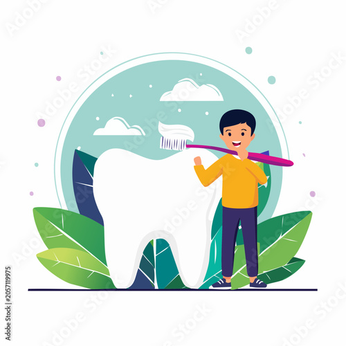 Boy Brushing Giant Tooth with Toothbrush and Toothpaste