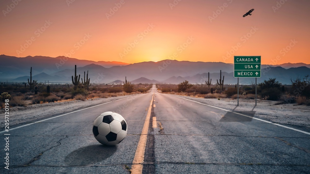 Fototapeta premium Soccer ball on a desert highway road with a road sign pointing to Canada USA and Mexico at sunset time