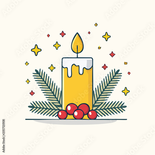 Christmas Candle Illustration with Pine Branches and Berries
