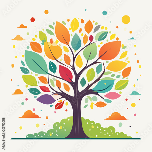 Colorful Abstract Tree with Leaves and Clouds