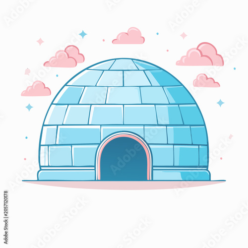 Cute Igloo Illustration with Pink Clouds and Stars