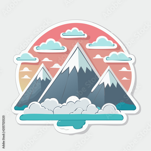 Stylized Mountain Landscape with Clouds and Sunset