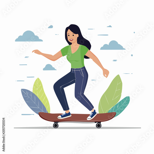 Woman Skateboarding Outdoors with Plants and Clouds