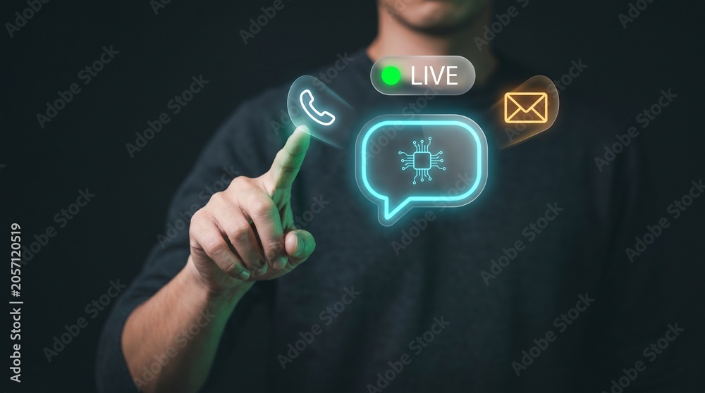 Obraz premium Smart Live Chat Bubble Glows at Fingertip to Display Microchip Processing, Connect Phone Call, Alert Email Message, and Automate Digital Customer Support