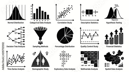Statistics and Data Analysis Glyph Icons Set: Charts, Graphs  Visualizations for Business Intelligence