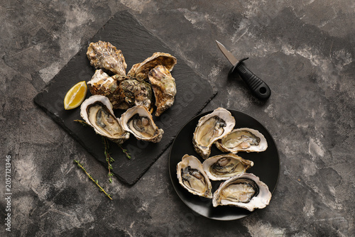 Bild auf Leinwand Fresh raw oysters with lemon and shucking knife on dark stone background, gourme