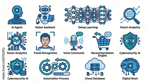 Comprehensive vector icon set showcasing advanced artificial intelligence concepts, smart analytics, automation, and cybersecurity technologies for digital innovation