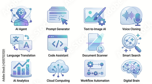 Premium vector icon set featuring artificial intelligence and machine learning technology concepts for digital business