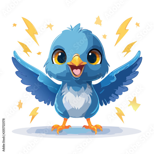 Fotografie Creative vector illustration of a happy baby blue bird chirping with electric sp