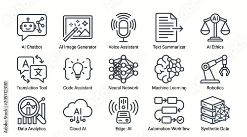 Set of Linear Icons Representing Modern Artificial Intelligence Technologies and Advanced Digital Solutions for Computing and Automation Processes