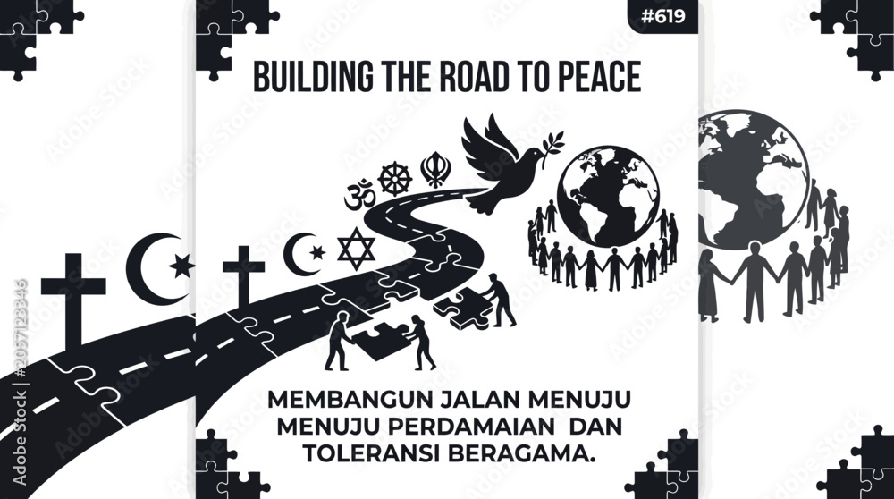 Obraz premium Building the road to peace jigsaw puzzle illustration.