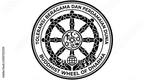Fotografie Buddhist wheel of dharma emblem with multi-faith symbols integration