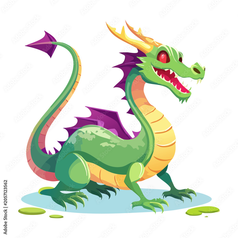 Fototapeta premium Cheerful green fantasy dragon character standing proudly with long spiky tail large wings and cute big teeth on a soft white backdrop